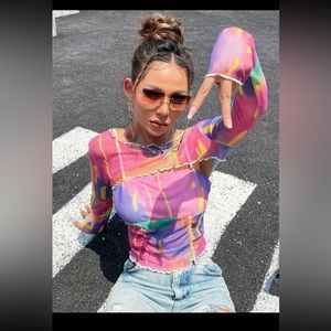 Tie dye lettuce trim super crop top and ruched Camisole set.